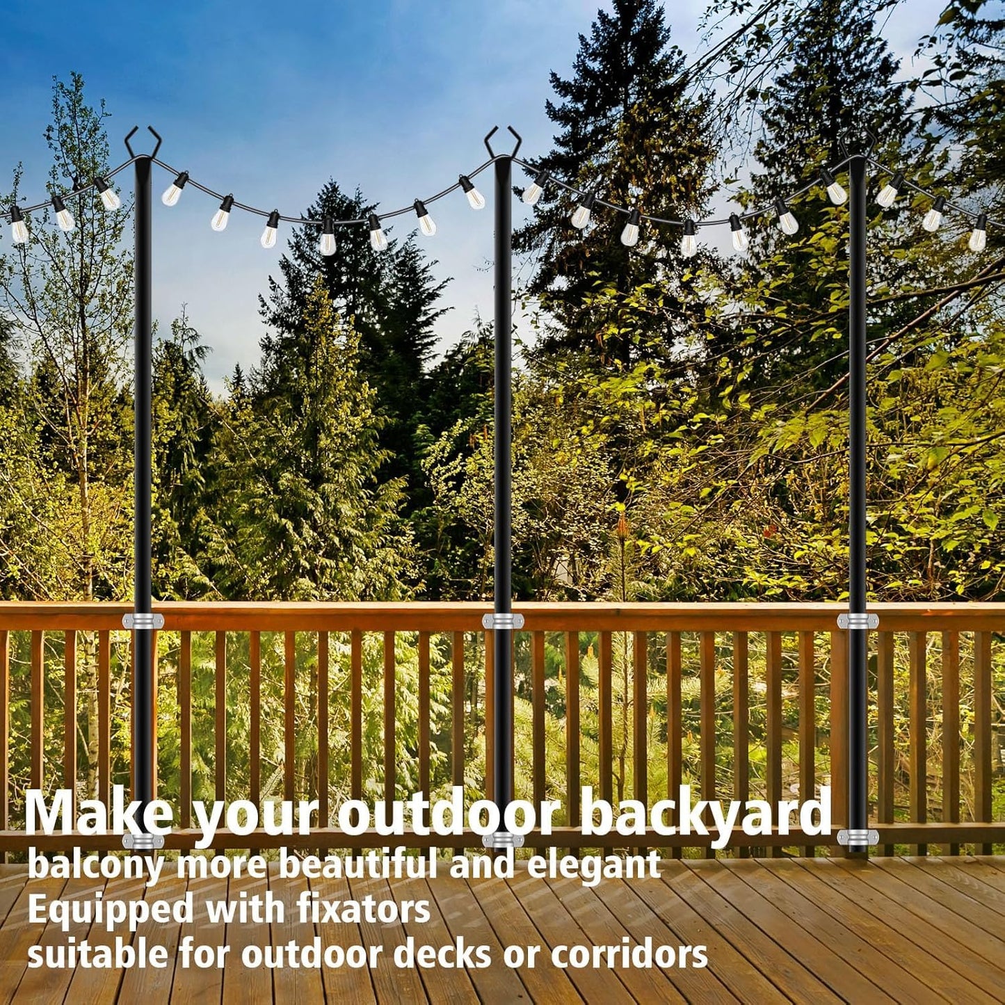 10Ft String Light Poles 4 Pack,Light Poles for Outside Lights,Outdoor with Fence Brackets Hanging Lights,Metal Stand Deck Patio Backyard