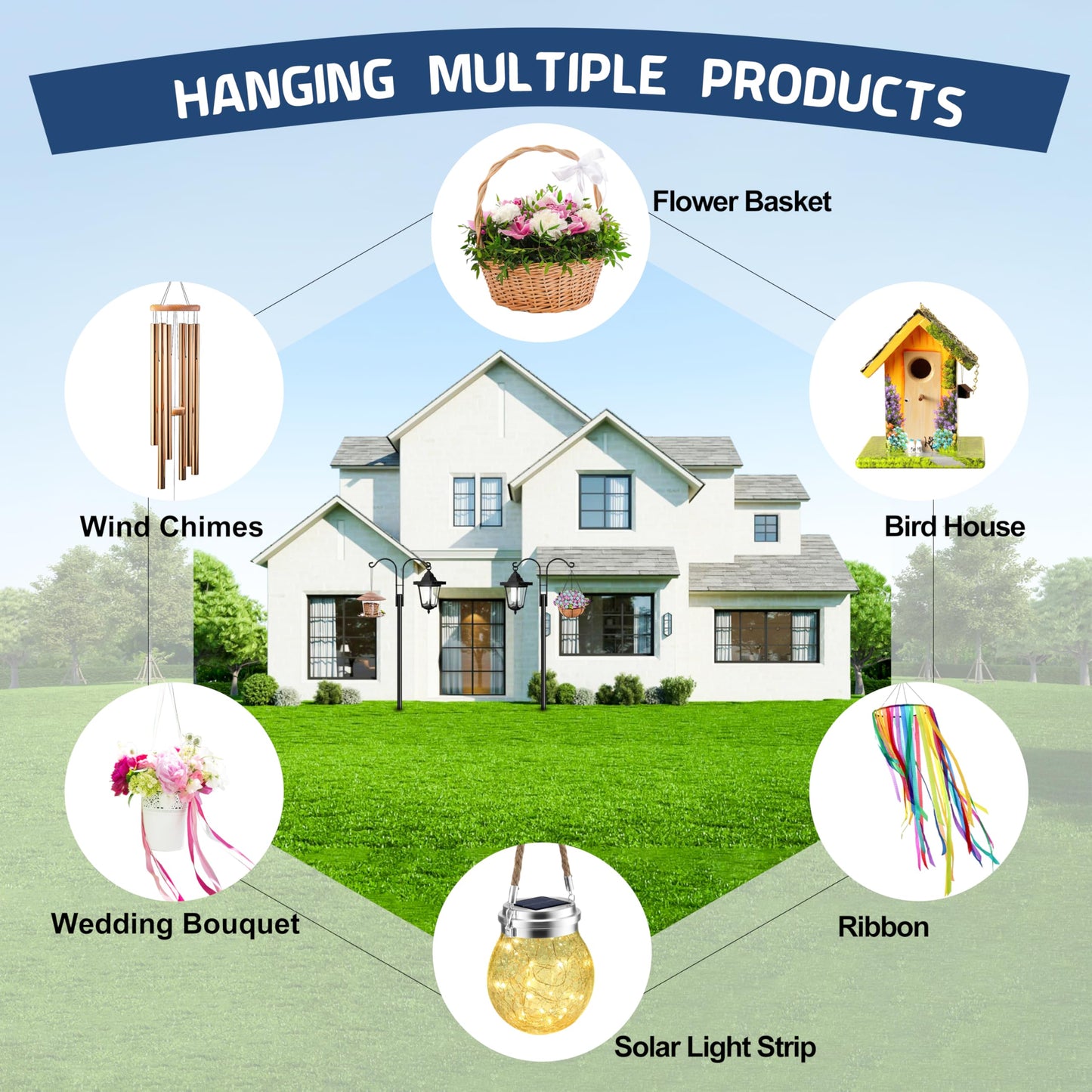 Ottsuls Bird Feeder Pole, 2 Pack 92 INCH Double Shepherds Hooks for Outdoor, Garden Pole with 5 Base Prongs Heavy Duty Planter Hooks for Hanging Plant Baskets, Lantern, Hummingbird Feeder