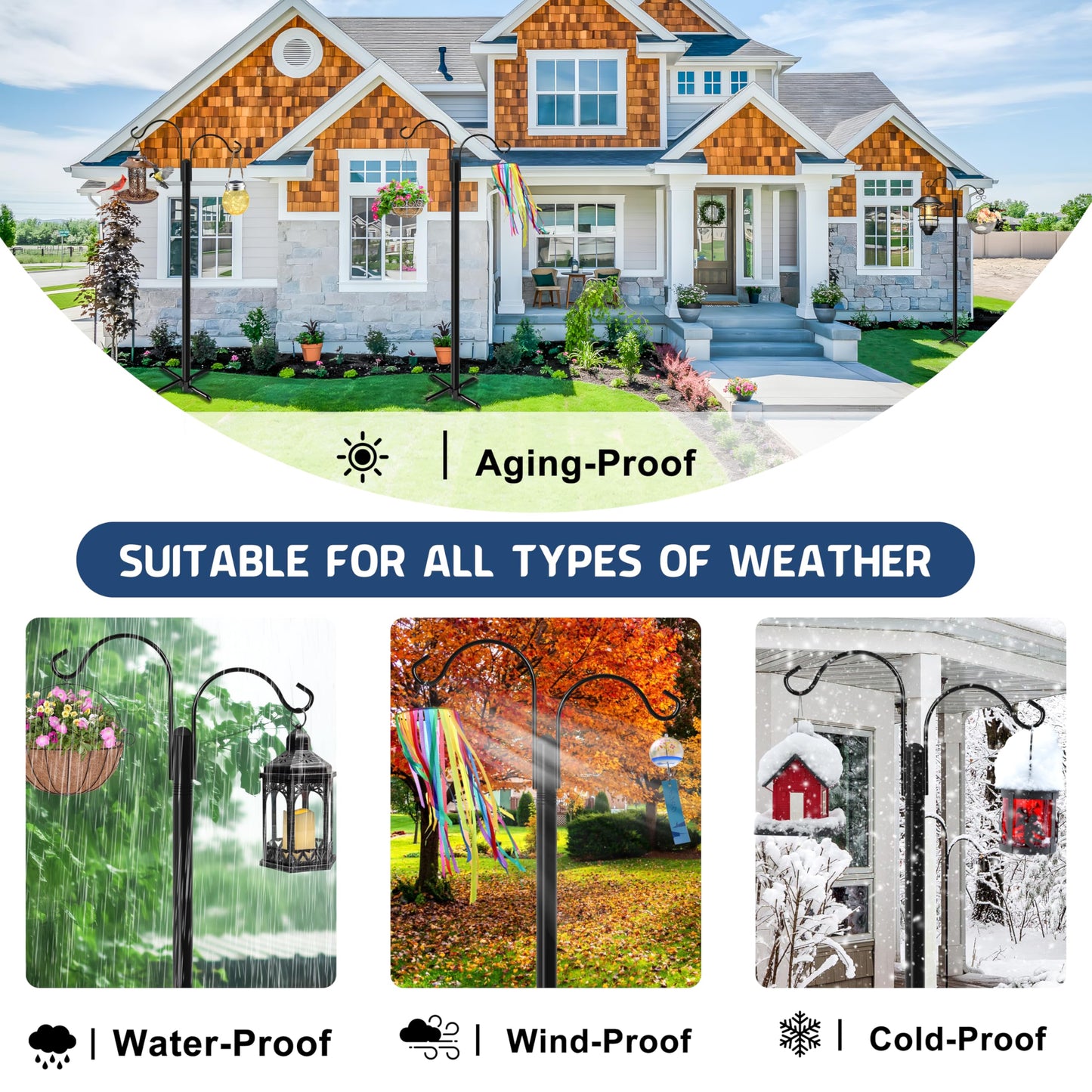Ottsuls Bird Feeder Pole, 2 Pack 92 INCH Double Shepherds Hooks for Outdoor, Garden Pole with 5 Base Prongs Heavy Duty Planter Hooks for Hanging Plant Baskets, Lantern, Hummingbird Feeder