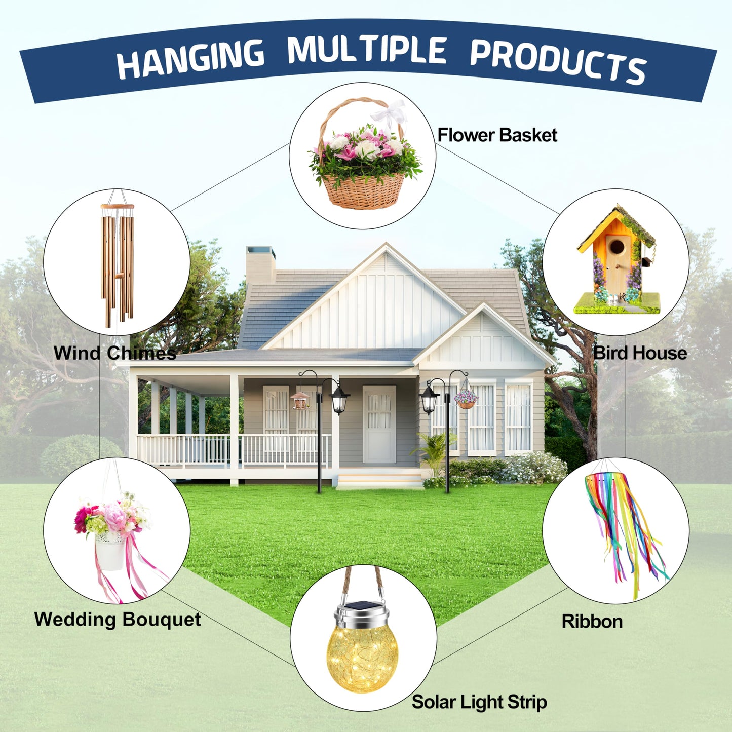 Ottsuls Bird Feeder Pole, 2 Pack 92 INCH Double Shepherds Hooks for Outdoor, Garden Pole with 5 Base Prongs Heavy Duty Planter Hooks for Hanging Plant Baskets, Lantern, Hummingbird Feeder