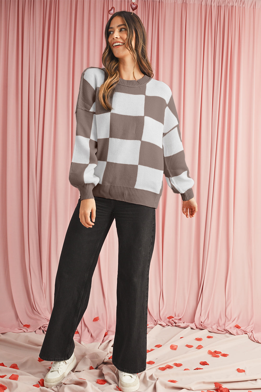 Orange & White Plaid Exposed Seam Bishop Sleeve Sweater