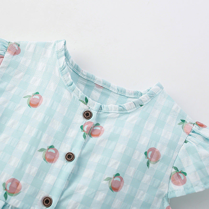 Summer Arrival Fruits Pattern Fly Sleeves Single Breasted Plaid Dress for Stylish Girls-1