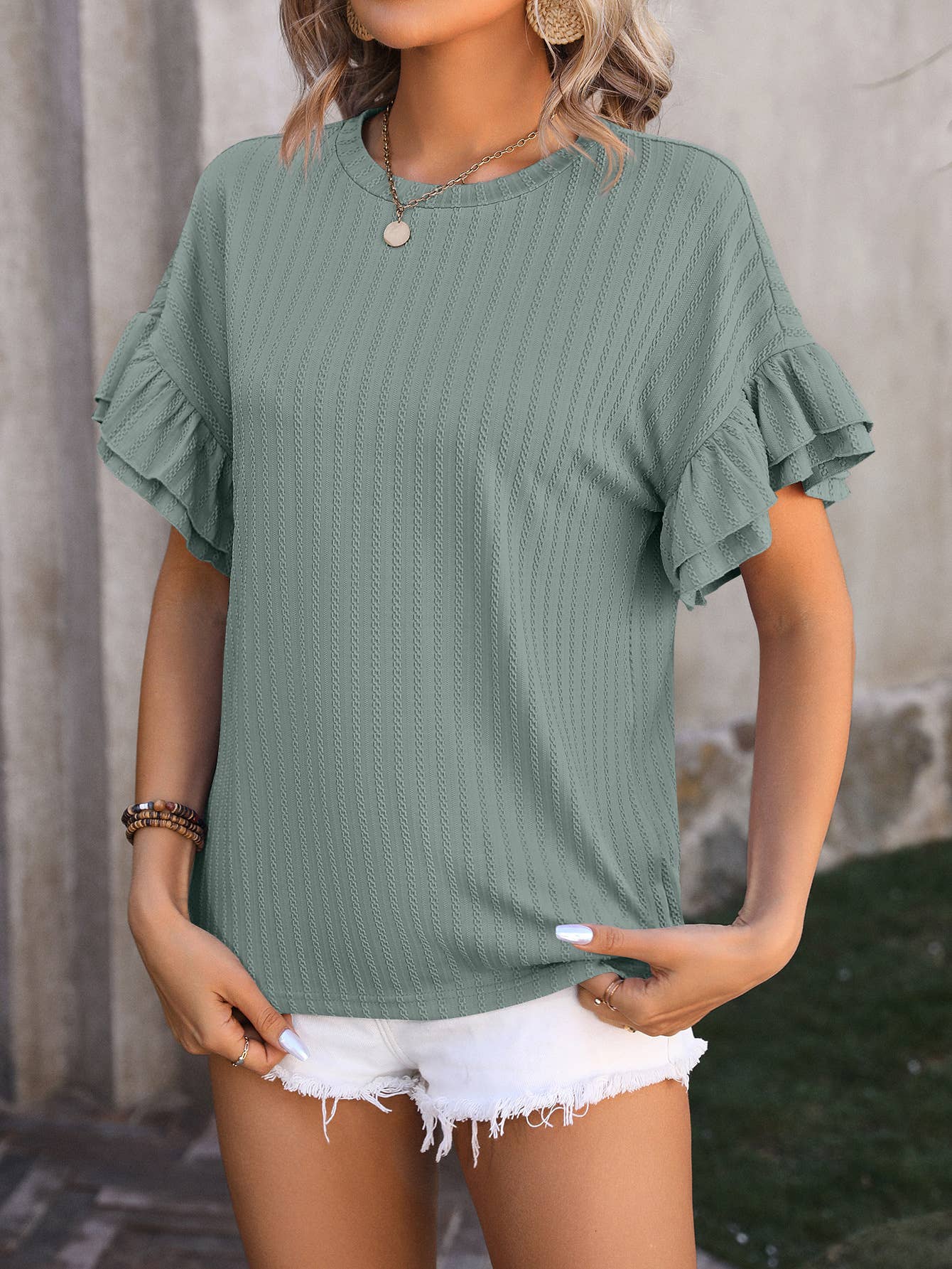 Jacquard Casual loose double ruffle short sleeve blouse