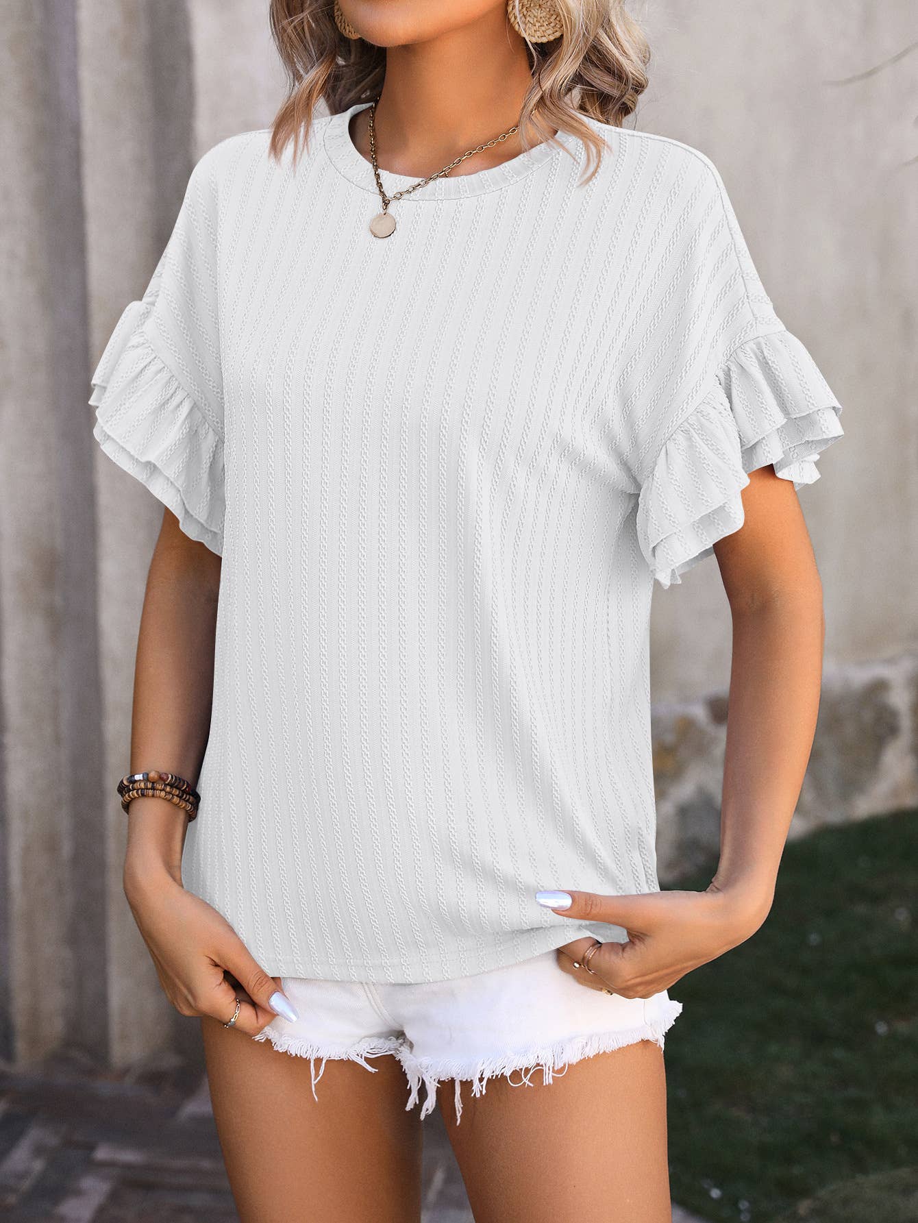 Jacquard Casual loose double ruffle short sleeve blouse
