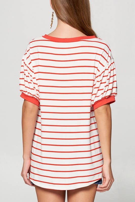 ETK-7615 Striped Bubble Sleeve Side Twist Top