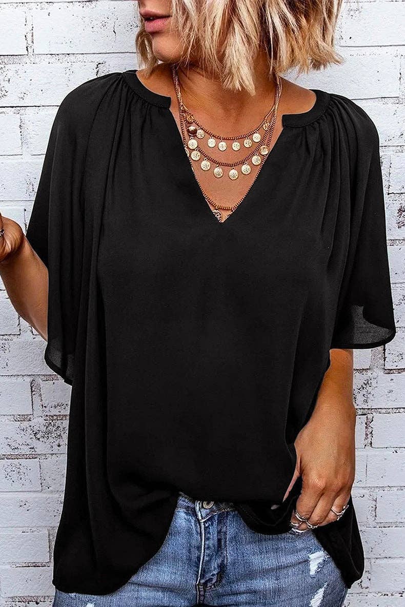 Women's V-Neck Flutter Sleeve Loose Chiffon Blouse