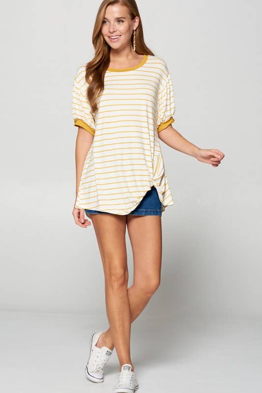 ETK-7615 Striped Bubble Sleeve Side Twist Top