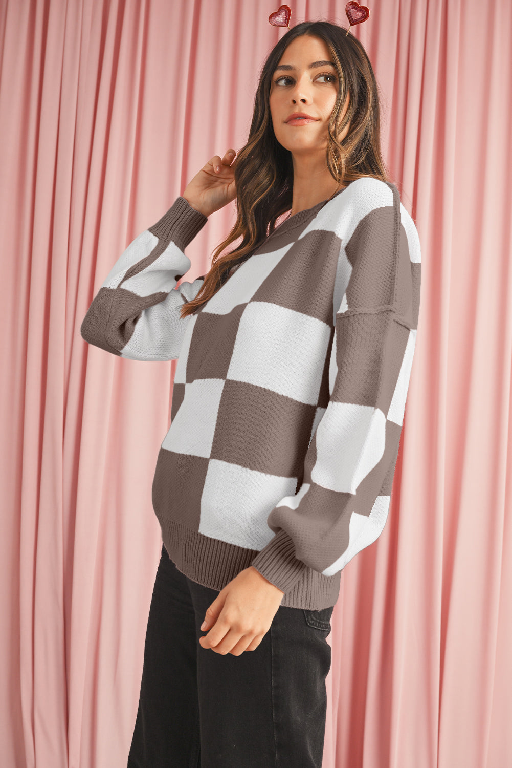 Orange & White Plaid Exposed Seam Bishop Sleeve Sweater
