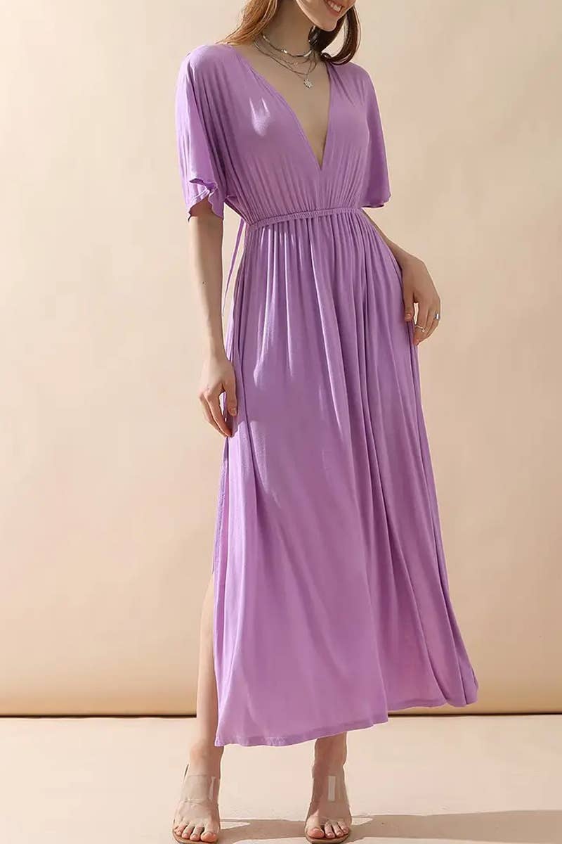 V-Neck Short Sleeve Back Bow Empire Dress