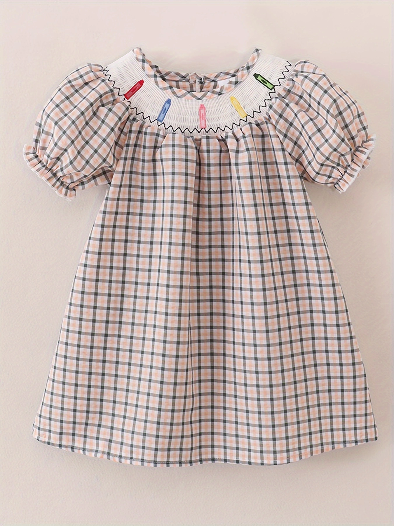 Girls Back to School Smocking Pencil Apple Embroidery Plaid Casual Dress