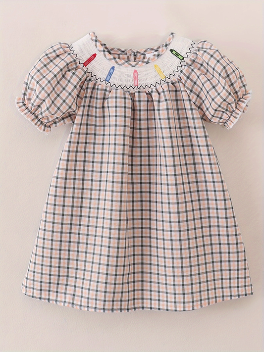 Girls Back to School Smocking Pencil Apple Embroidery Plaid Casual Dress