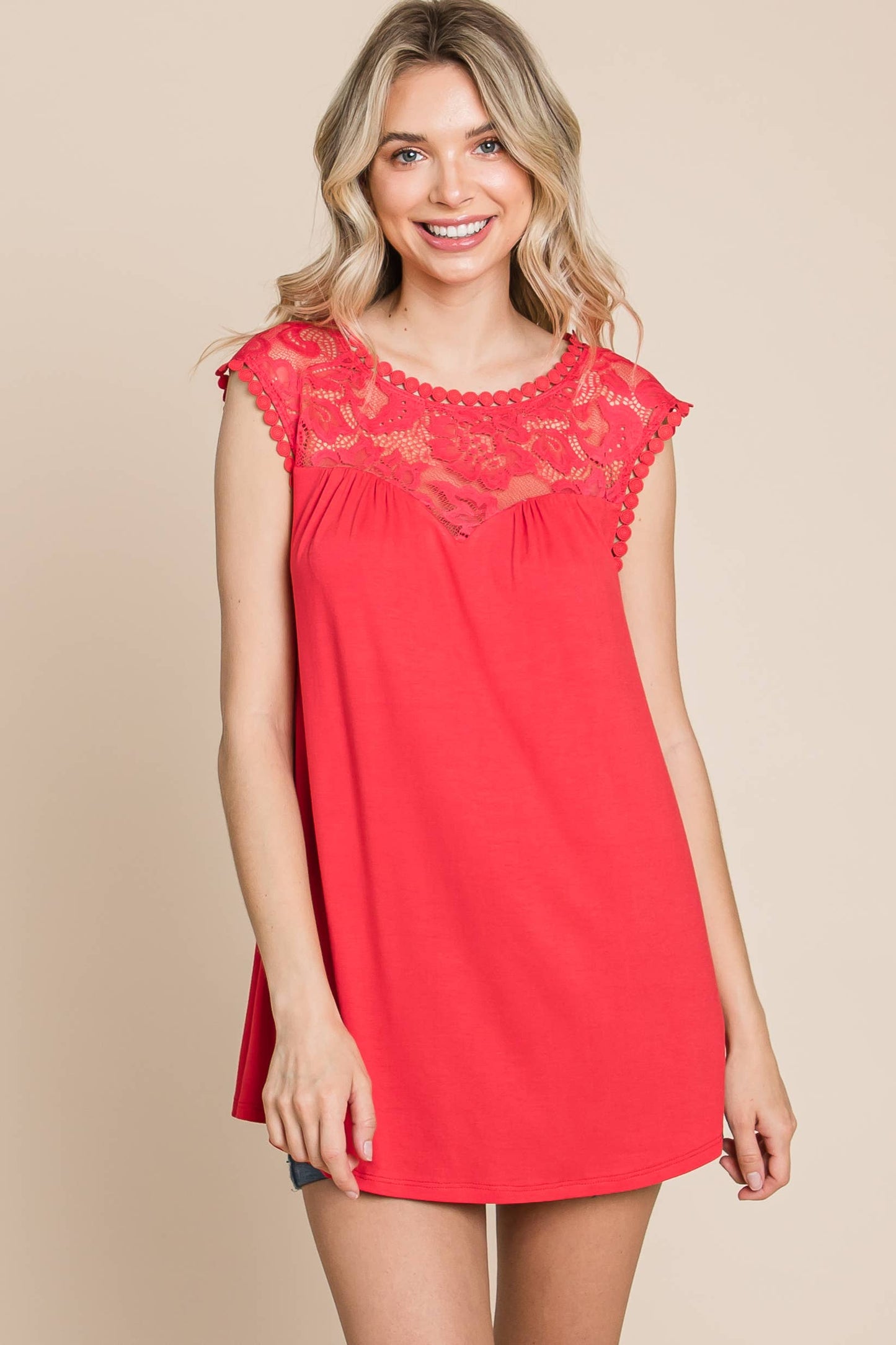 ETK-8814 Solid Top with Lace Contrast Neckline