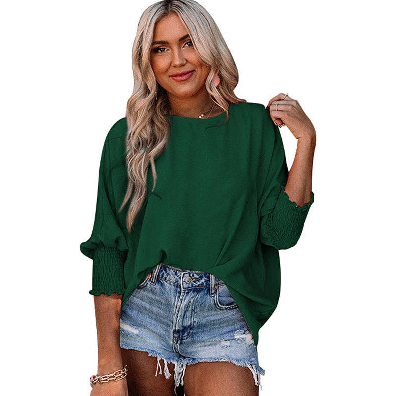 Women's Loose Round Neck 3/4 Sleeve Smocked Cuff Blouse