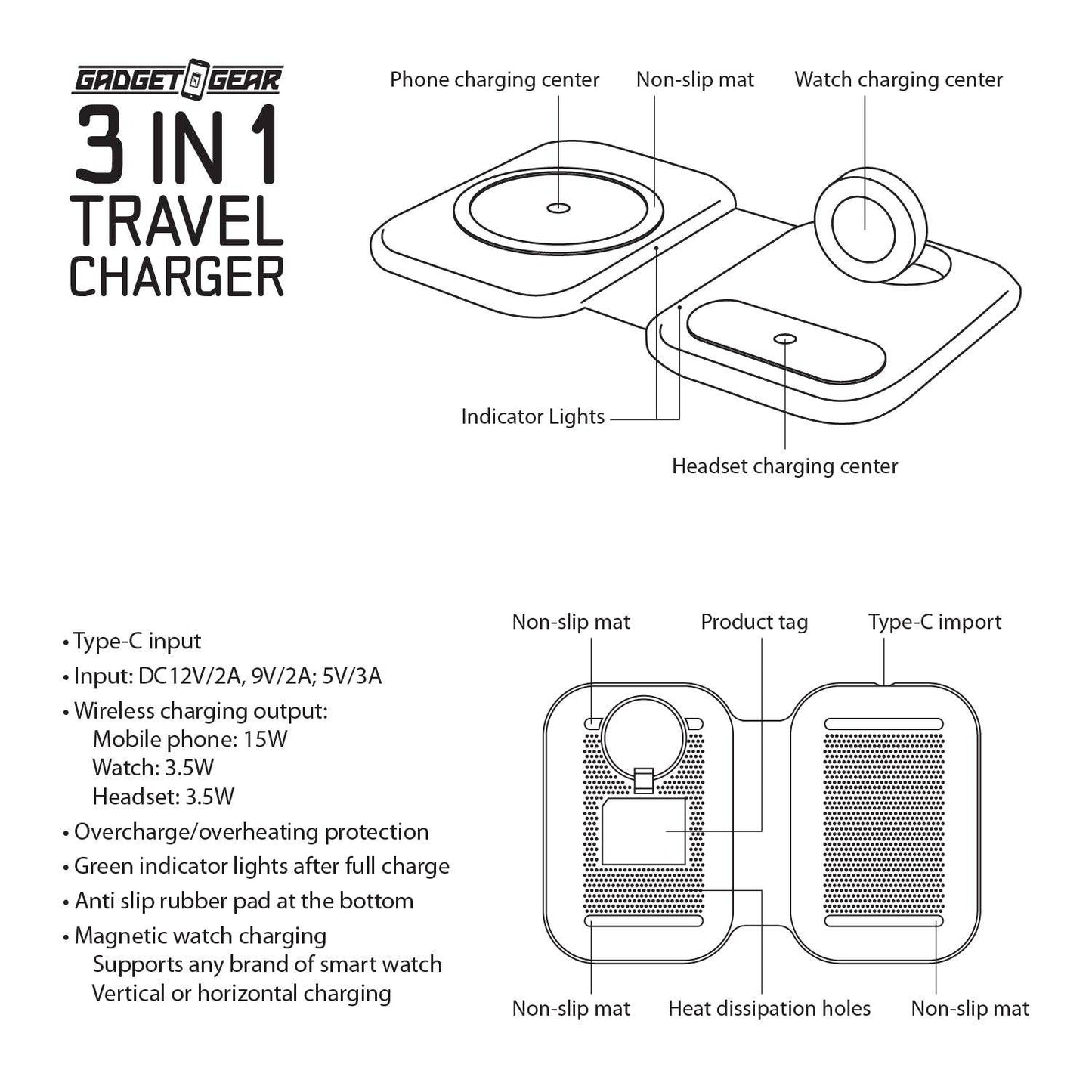 Gadget Gear 3-IN-1 Wireless Travel Charger- 4/Pack