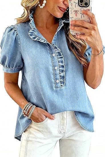 Women's Short Sleeve Button-Up Ruffle Neck Denim Top