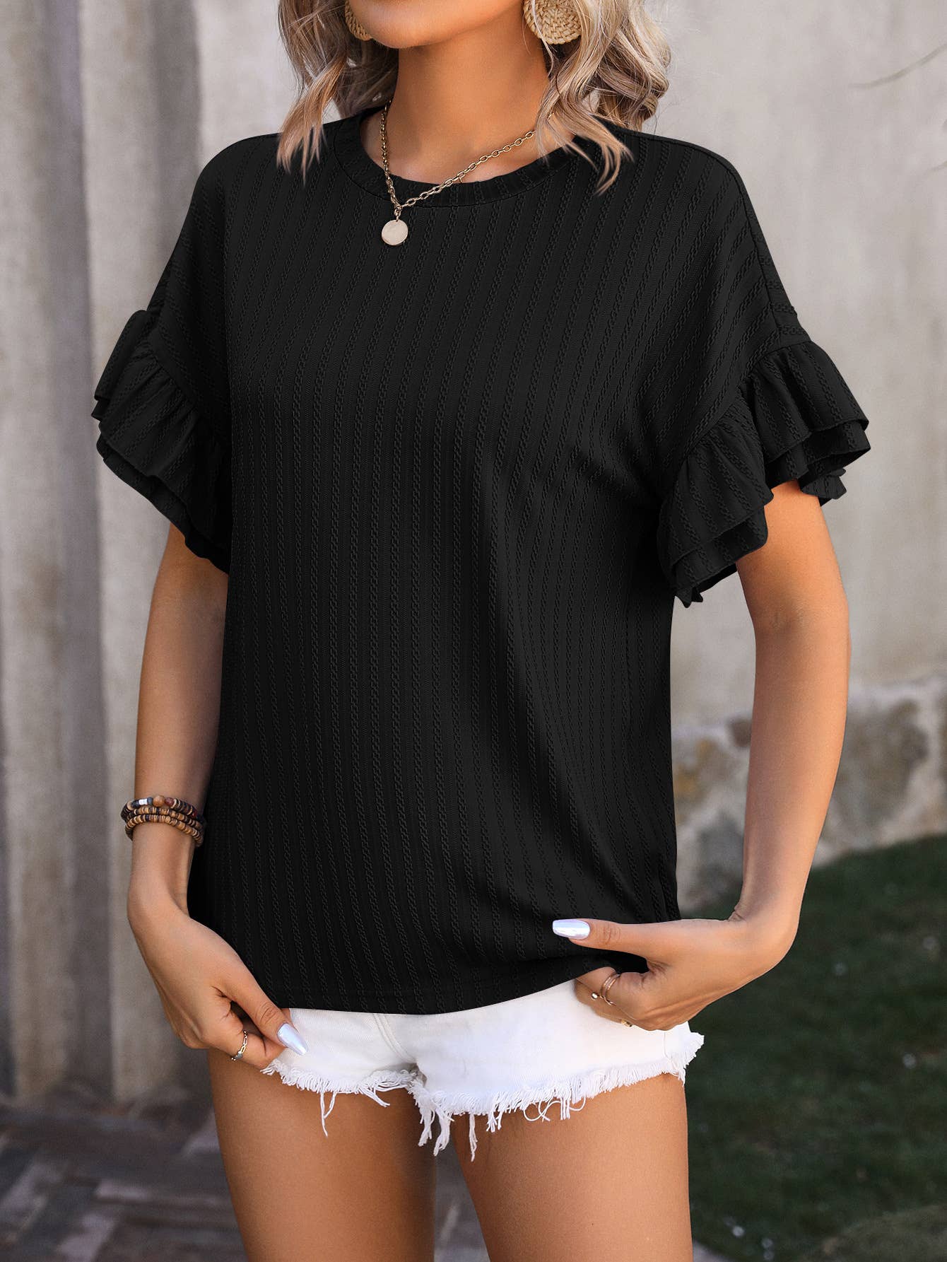 Jacquard Casual loose double ruffle short sleeve blouse