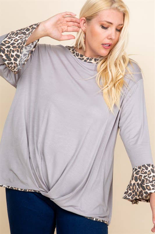 ETK-8183-PL Plus Size Animal Contrast Gathered Hem Top