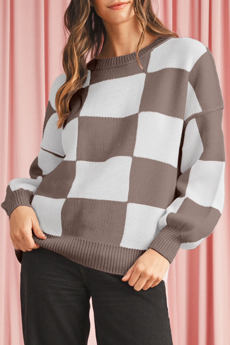 Orange & White Plaid Exposed Seam Bishop Sleeve Sweater