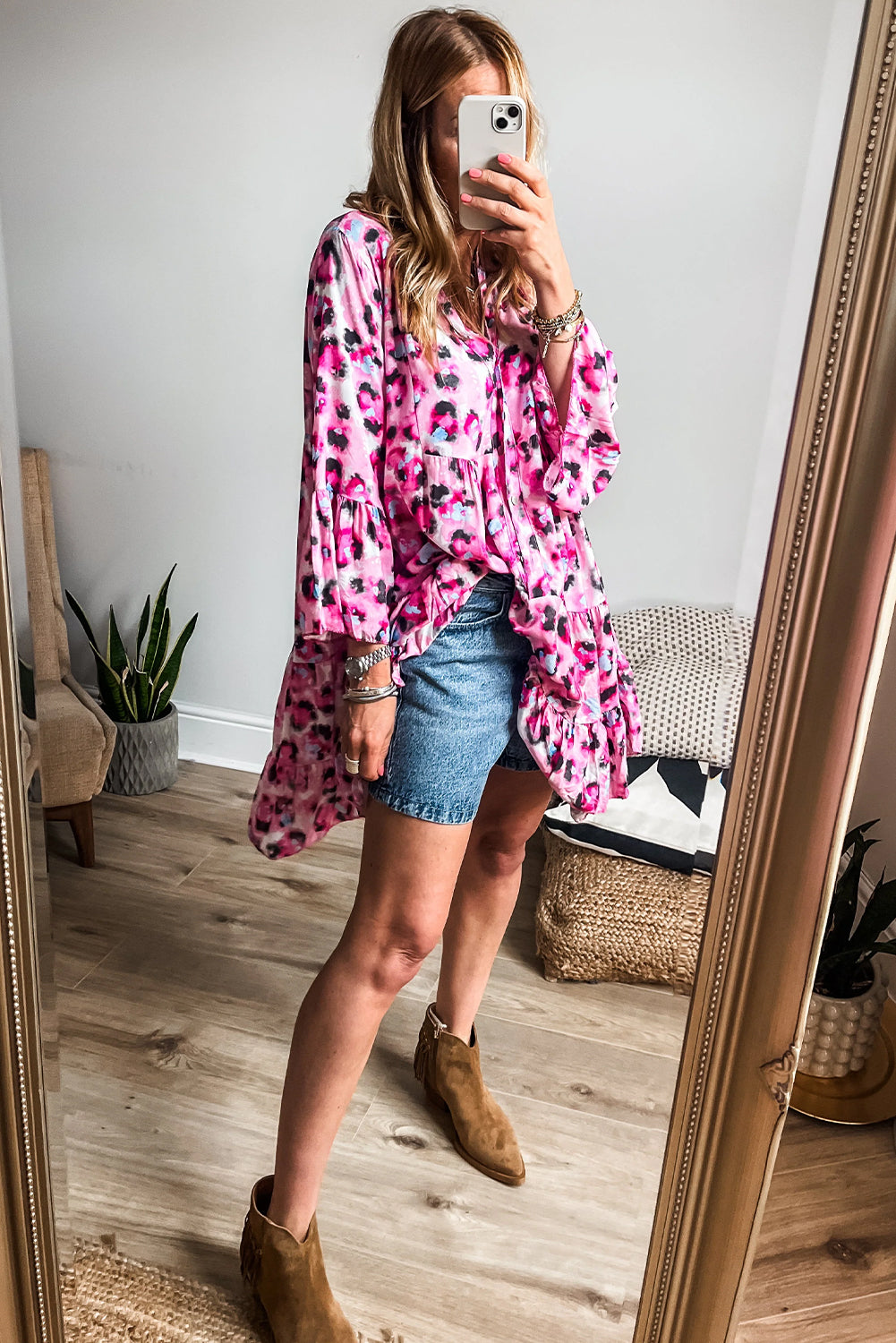 Rose Leopard Button V Neck Pocket Flowy Mini Dress