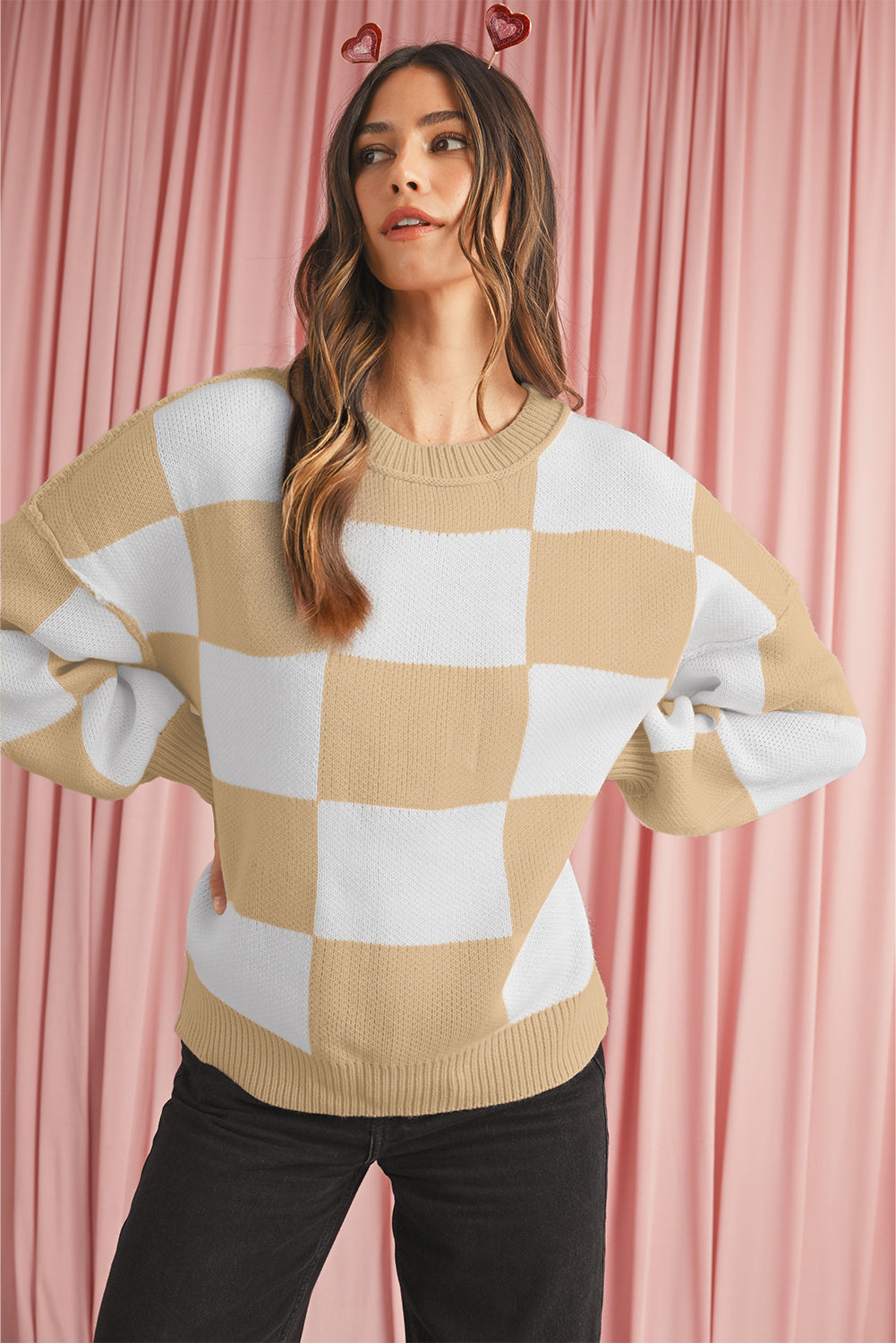 Orange & White Plaid Exposed Seam Bishop Sleeve Sweater