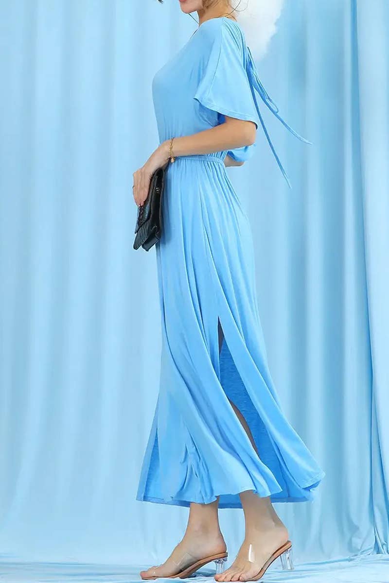 V-Neck Short Sleeve Back Bow Empire Dress