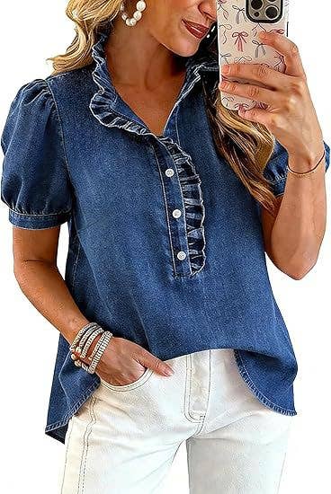 Women's Short Sleeve Button-Up Ruffle Neck Denim Top