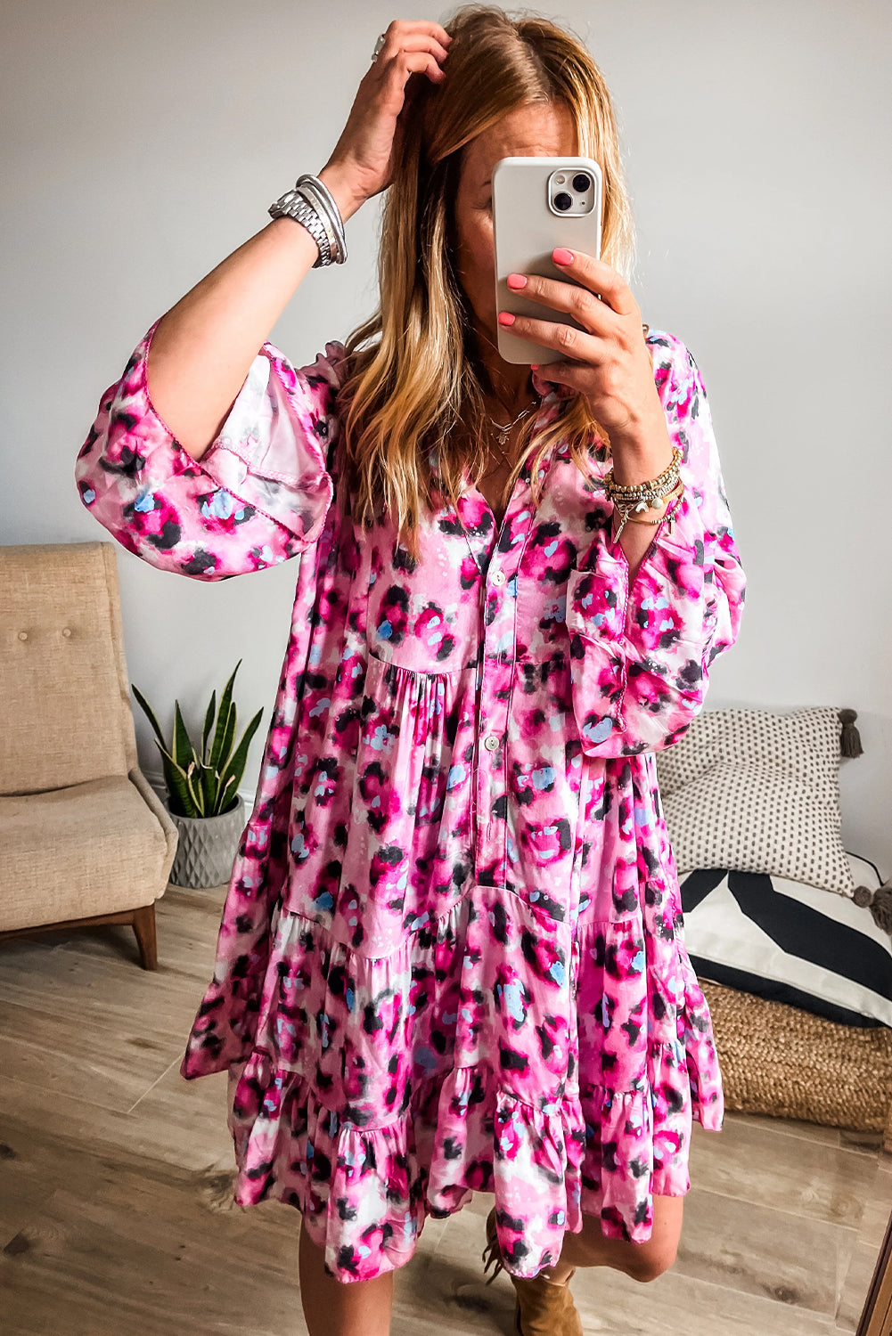 Rose Leopard Button V Neck Pocket Flowy Mini Dress