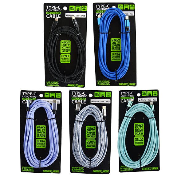 Charging Cable USB to Lightning 10 ft Cloth Assortment- 6/Pk
