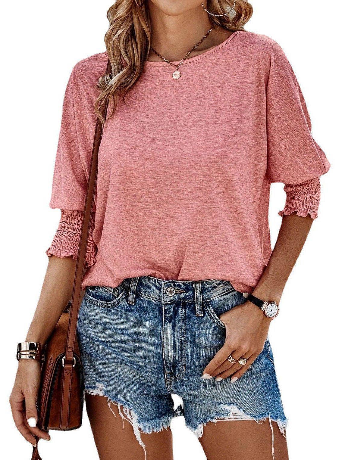 Women's Round Neck Smocked Cuff 3/4 Sleeve Casual Top