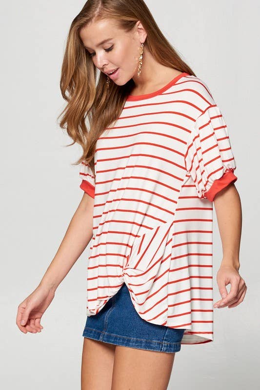 ETK-7615 Striped Bubble Sleeve Side Twist Top