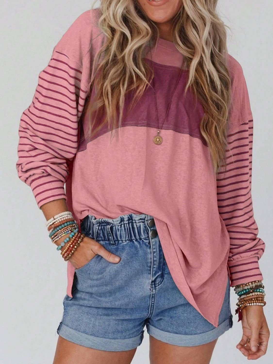 Round-Neck Striped Contrasting Long-Sleeved Top
