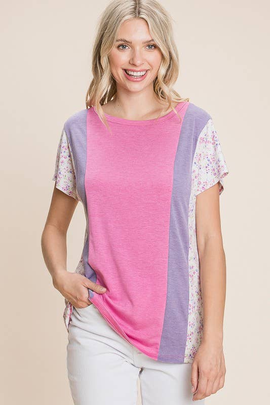 ETK-8517 Floral Color Block Casual Top