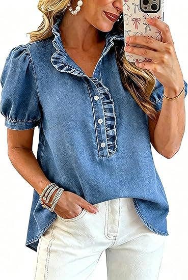 Women's Short Sleeve Button-Up Ruffle Neck Denim Top
