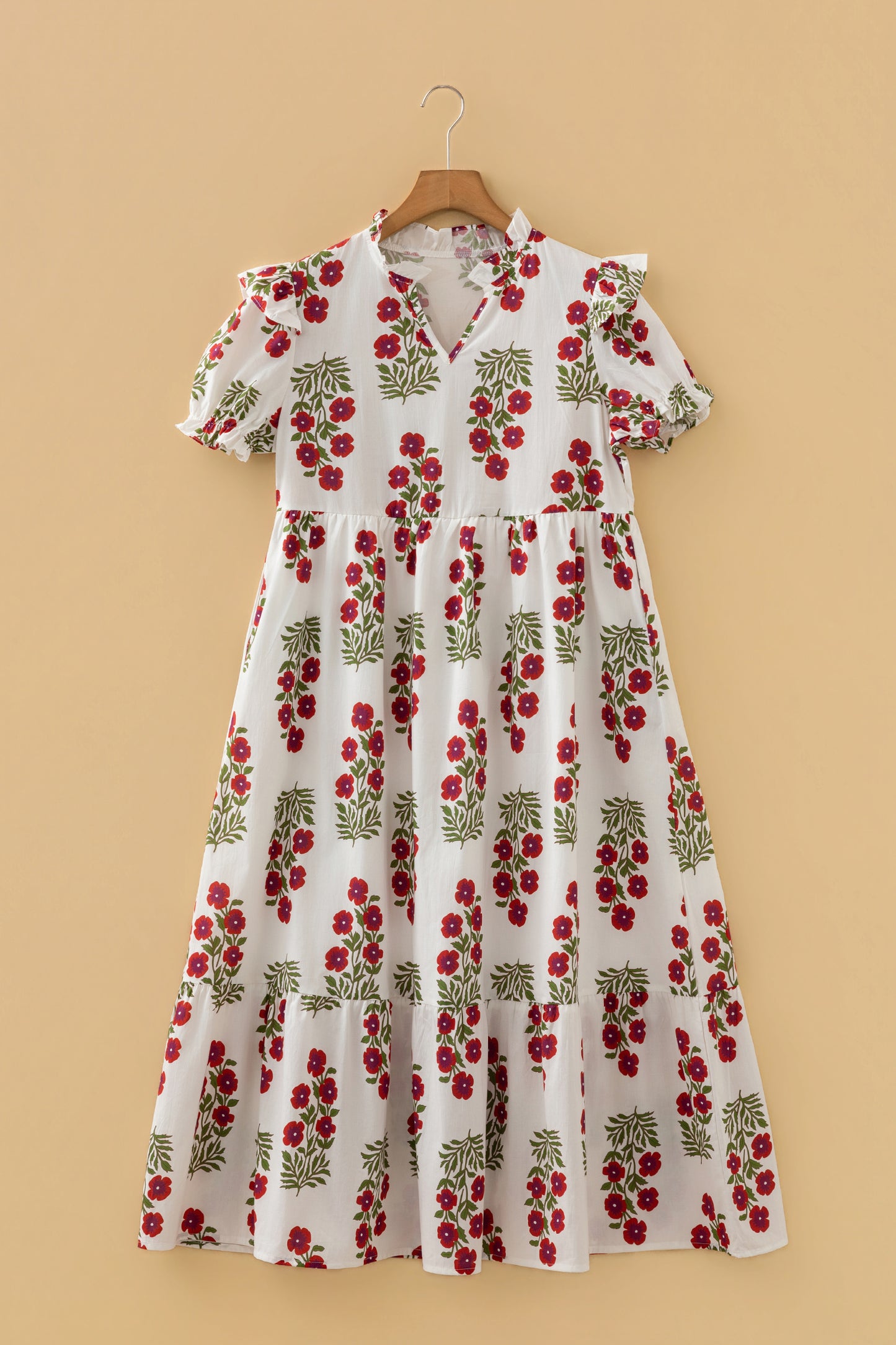 Black Floral Short Bubble Sleeve Tiered Maxi Dress