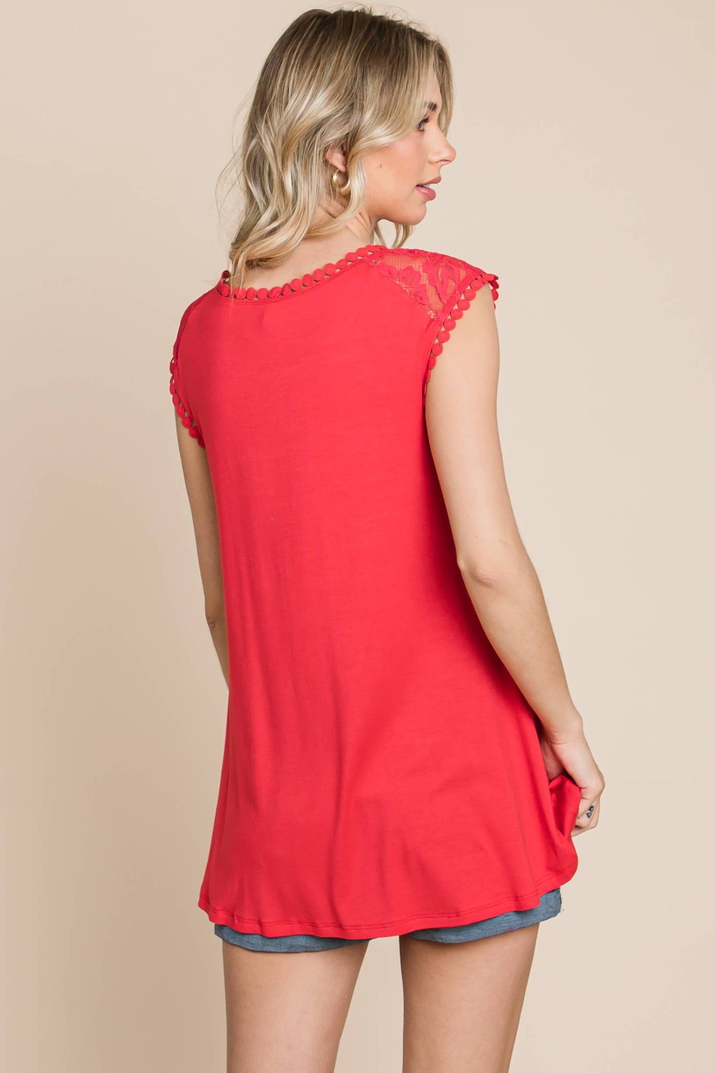 ETK-8814 Solid Top with Lace Contrast Neckline