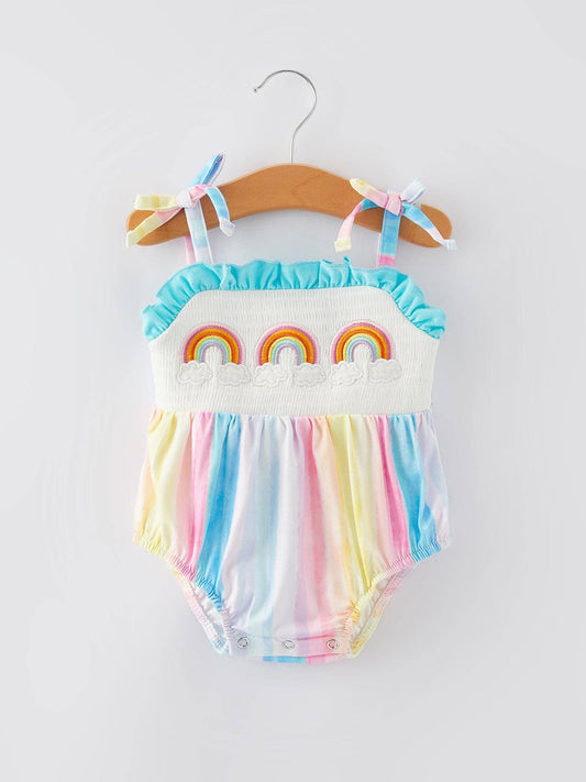 Rainbow Clouds Smocking Embroidery Girls' Romper