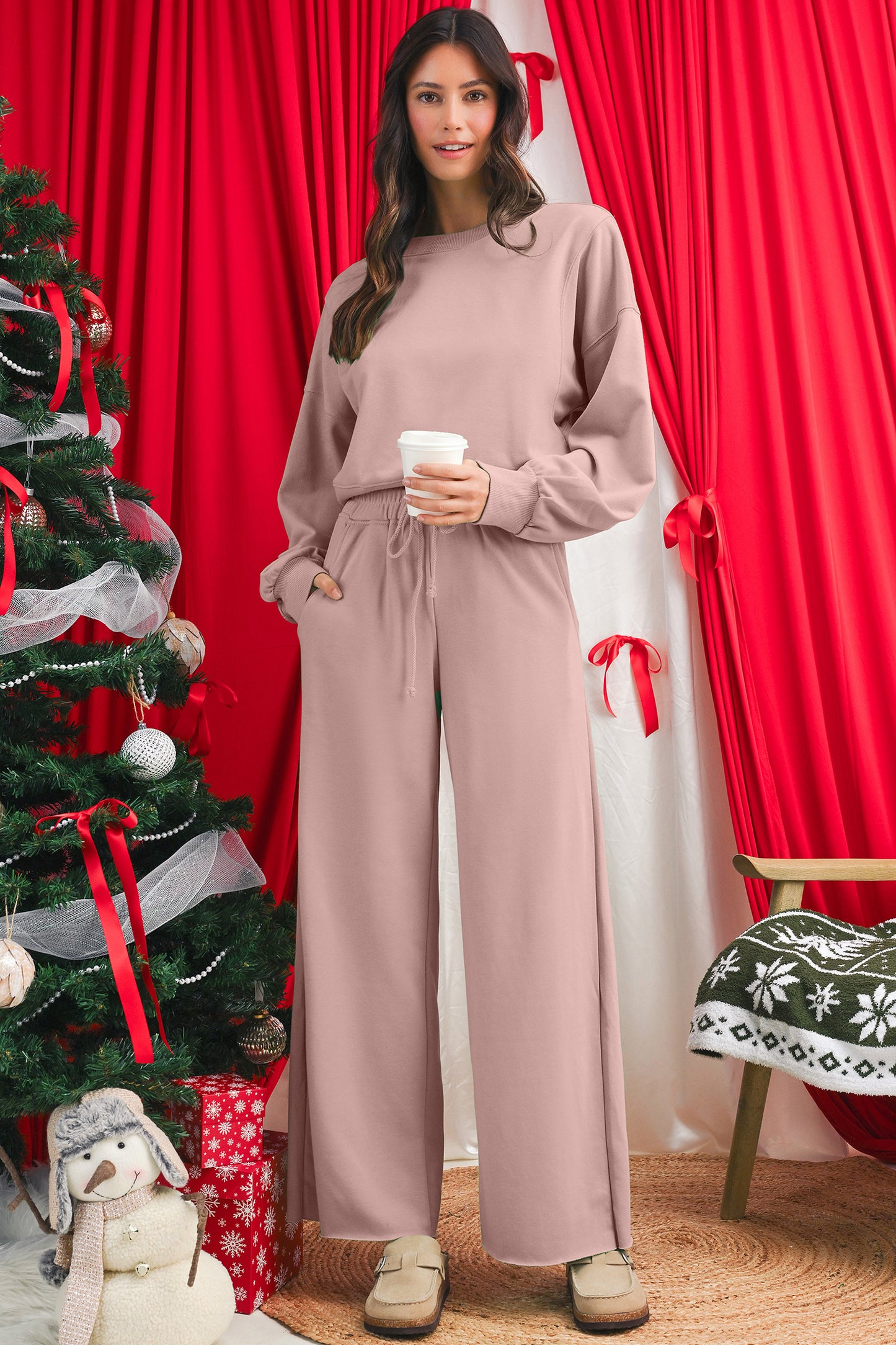 Light Pink Drop Shoulder Crop Pullover Drawstring Wide Leg Pants Set