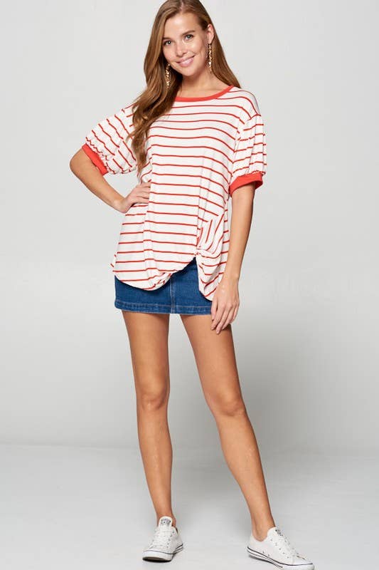 ETK-7615 Striped Bubble Sleeve Side Twist Top