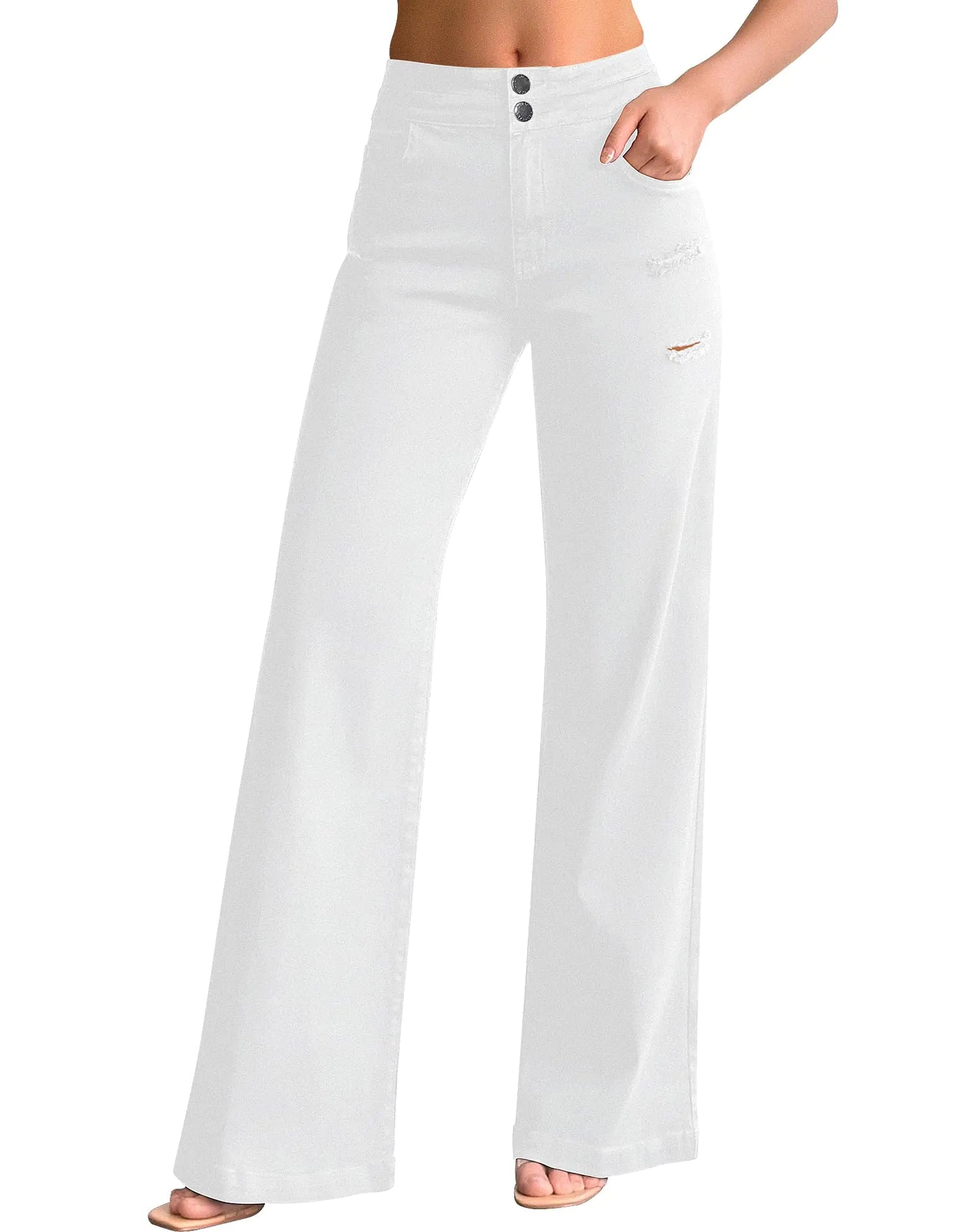 roswear Women’s Casual Distressed High Waisted Denim Pants Stretch Baggy Loose Wide Leg Jeans White Small