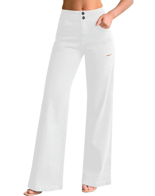 roswear Women’s Casual Distressed High Waisted Denim Pants Stretch Baggy Loose Wide Leg Jeans White Small