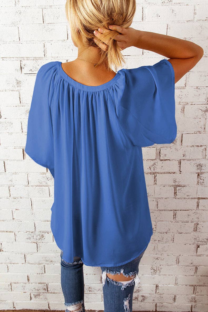 Women's V-Neck Flutter Sleeve Loose Chiffon Blouse