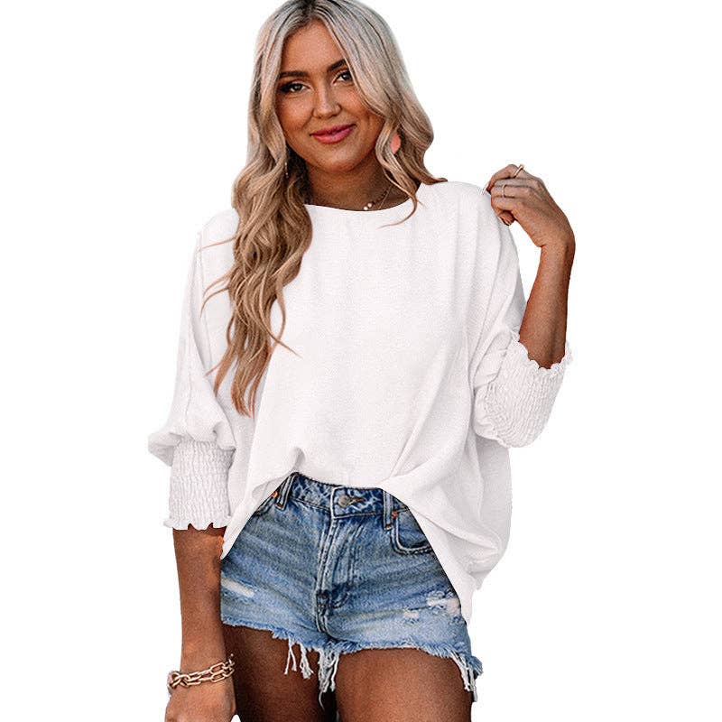 Women's Loose Round Neck 3/4 Sleeve Smocked Cuff Blouse