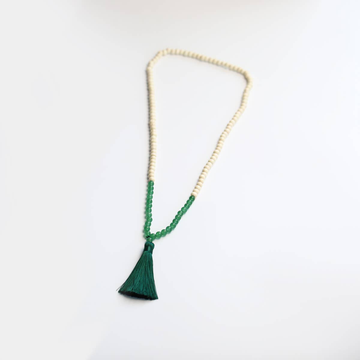 $2.97 Closeout Boho Wood Bead, Tassel Necklace Green/Cream