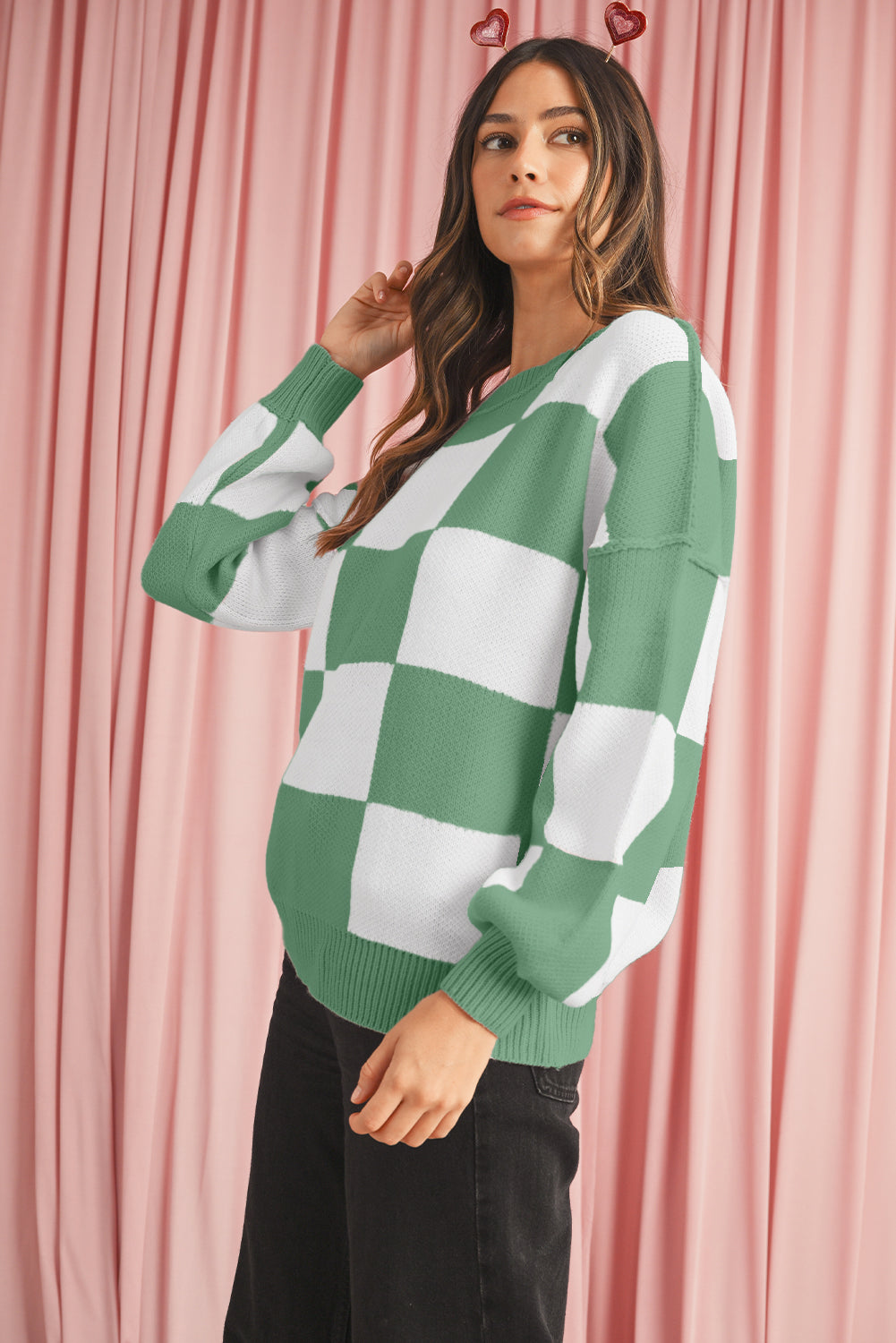 Orange & White Plaid Exposed Seam Bishop Sleeve Sweater