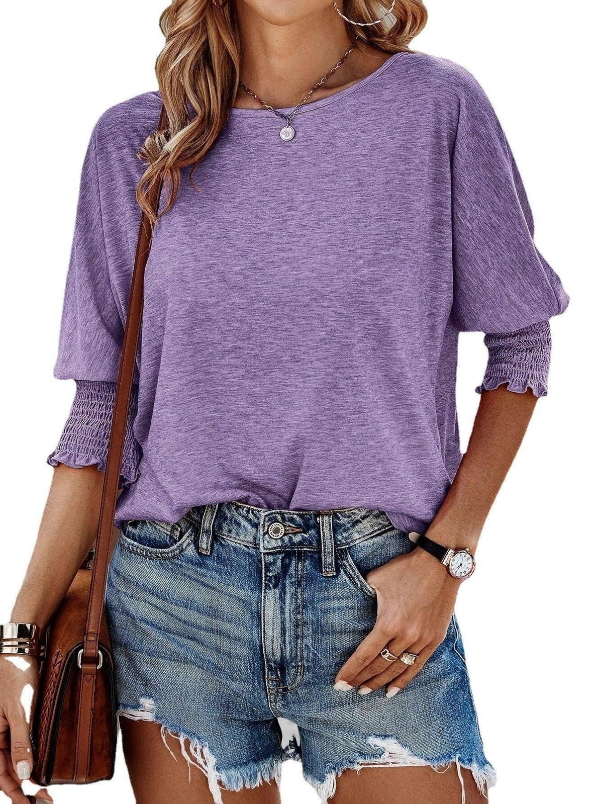 Women's Round Neck Smocked Cuff 3/4 Sleeve Casual Top