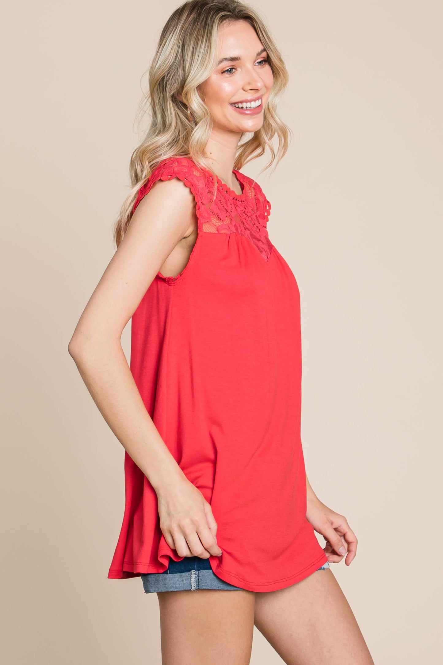 ETK-8814 Solid Top with Lace Contrast Neckline