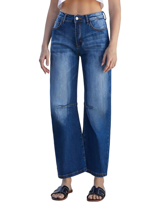 Queenwin Women’s Barrel Jeans High Waisted Ankle Horseshoe Stretchy Ankle Denim Pants Blue Large