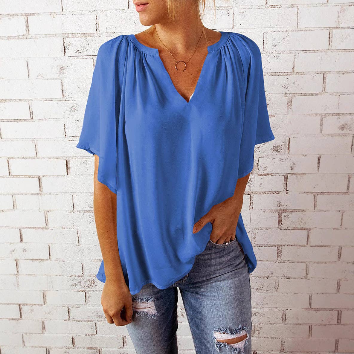 Women's V-Neck Flutter Sleeve Loose Chiffon Blouse