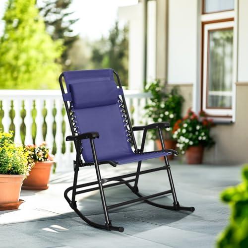 Amazon Basics Outdoor Patio Folding Reclining Lounge Rocking Chair with Pillow, Affordable Folding Chairs for Outside, Beige, 33.6 x 37.4 x 26 inch