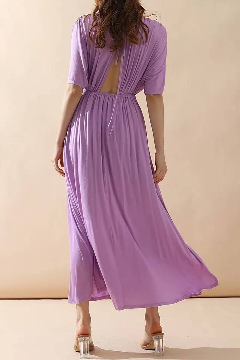 V-Neck Short Sleeve Back Bow Empire Dress